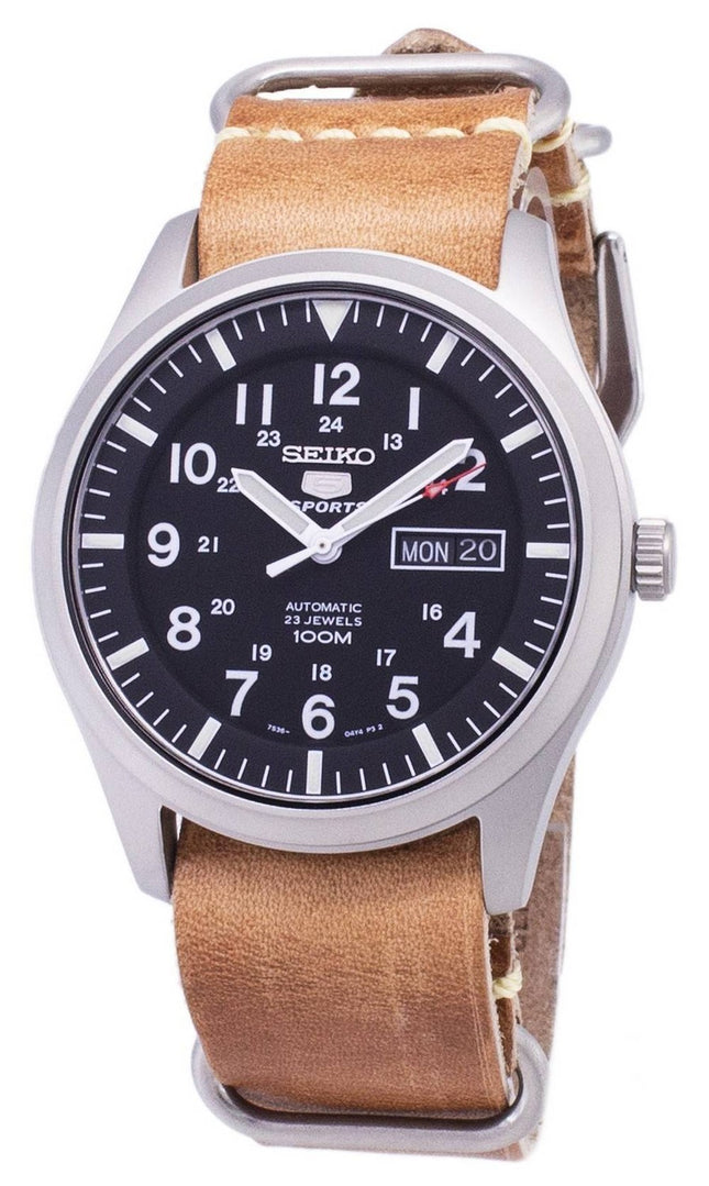 Seiko 5 Sports SNZG15K1-var-LS18 automatisk brunt läderarmband herrklocka