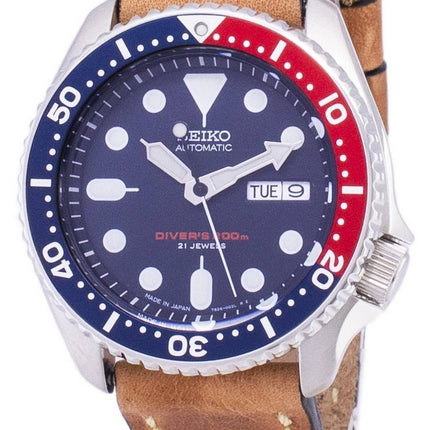 Seiko Automatic SKX009J1-var-LS17 Diver's 200M Japan-tillverkad brunt läderarmband herrklocka