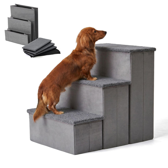 TASSORA - Foldable Dog Steps with Storage, Medium, Grey