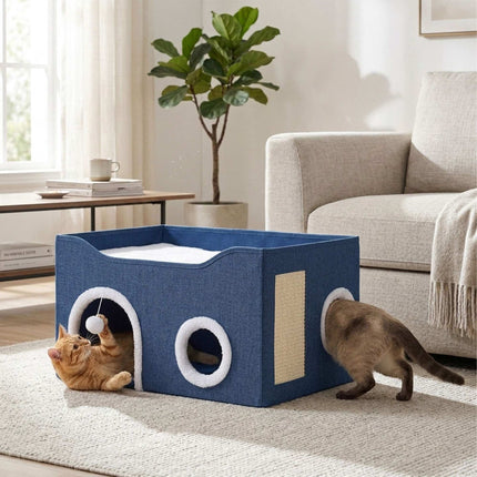 TASSORA - Foldable Cat Cave with Scratch Pad, Blue, 34x60x40 cm