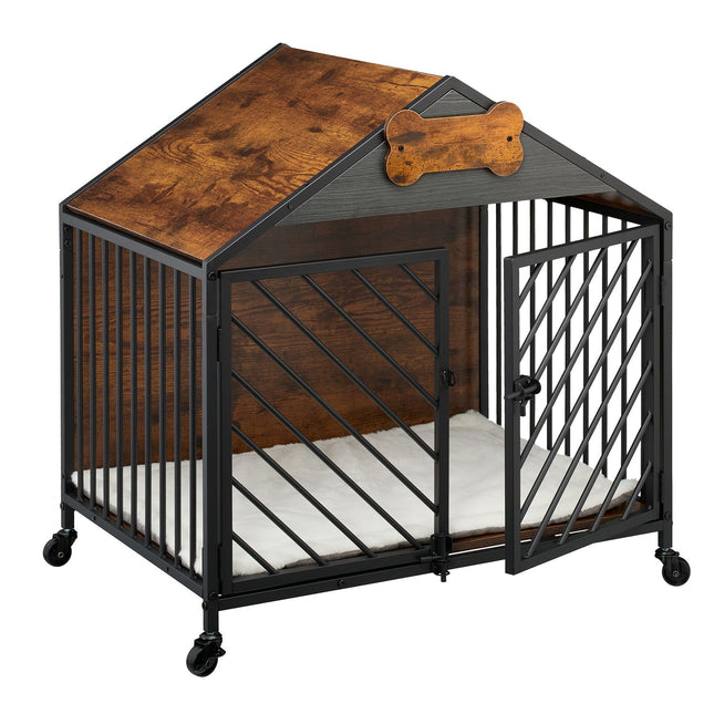 TASSORA - Dog Cage with Wheels - Wood-Effect and Metal