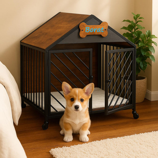 TASSORA - Dog Cage with Wheels - Wood-Effect and Metal