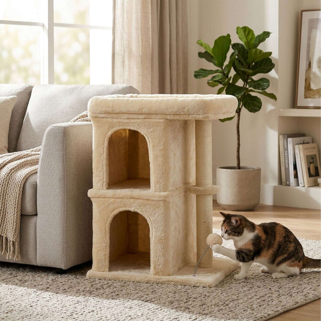 TASSORA - Cat Tree with 2 Caves & Bed, Beige, 71 cm