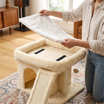 TASSORA - Cat Tree with Cave & Bed, Beige - Sisal & Plush