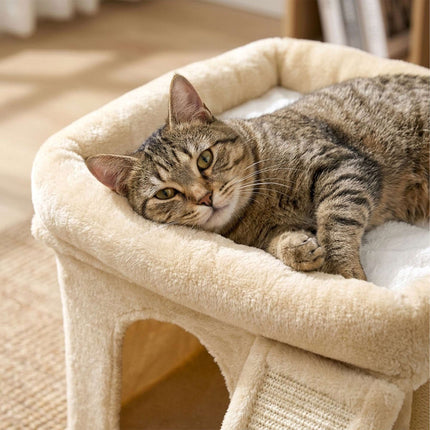 TASSORA - Cat Tree with Cave & Bed, Beige - Sisal & Plush