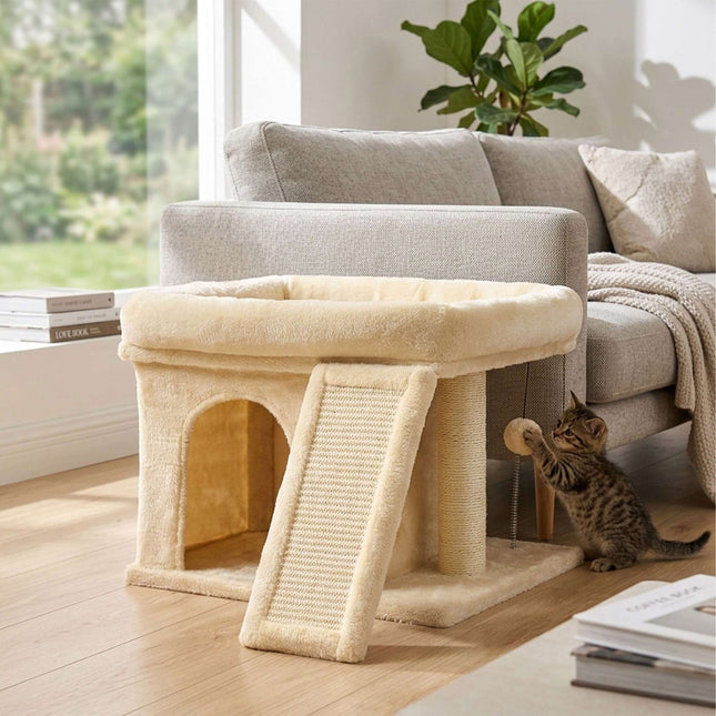 TASSORA - Kradsetræ med hule og seng, beige – Sisal og plys